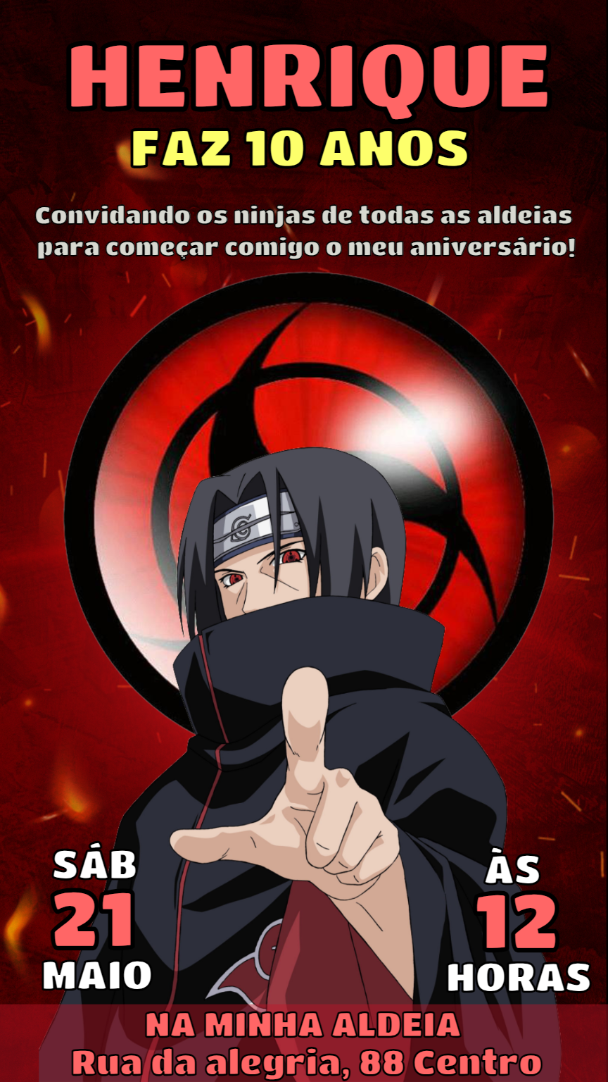 Convite de Aniversário Itachi Naruto para Editar Online Convite de Aniversário Itachi Naruto para Editar Online
