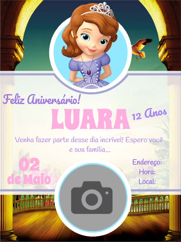 Convite Aniversário Princesa Sofia com Foto para Editar Online Convite Aniversário Princesa Sofia com Foto para Editar Online