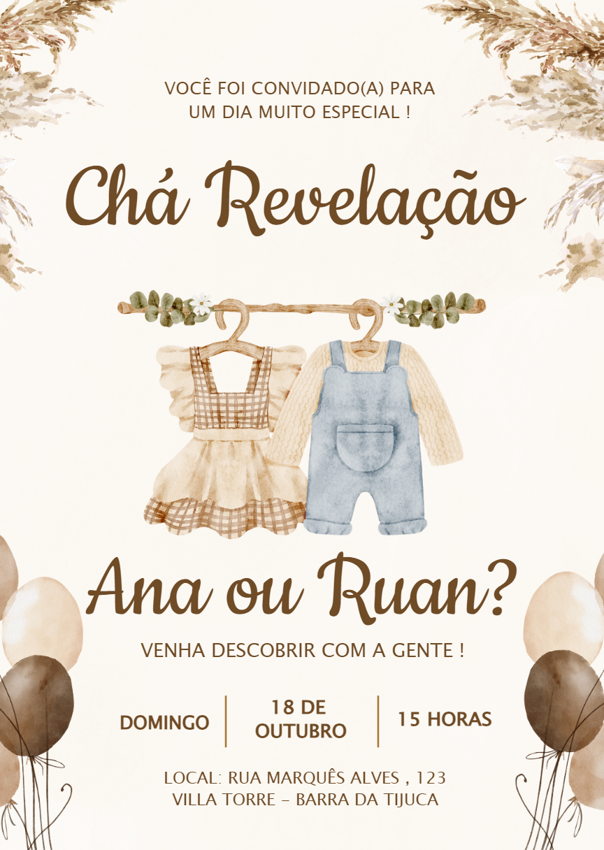 Convite Chá Revelação Varal de Roupas Boho para Editar Online Convite Chá Revelação Varal de Roupas Boho para Editar Online