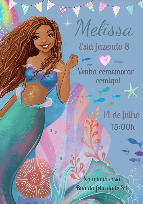 Convite de Aniversário Sereia Fundo do Mar para Editar Convite de Aniversário Sereia Fundo do Mar para Editar