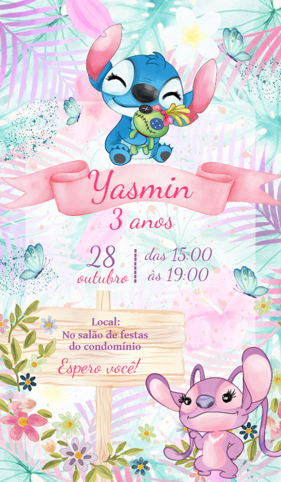 Convite Aniversário Stitch e Angel Aquarela para Editar Online Convite Aniversário Stitch e Angel Aquarela para Editar Online
