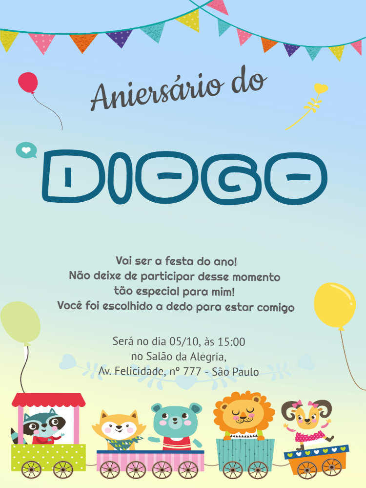 Convite Aniversário Trenzinho dos Animais para Editar Online Convite Aniversário Trenzinho dos Animais para Editar Online