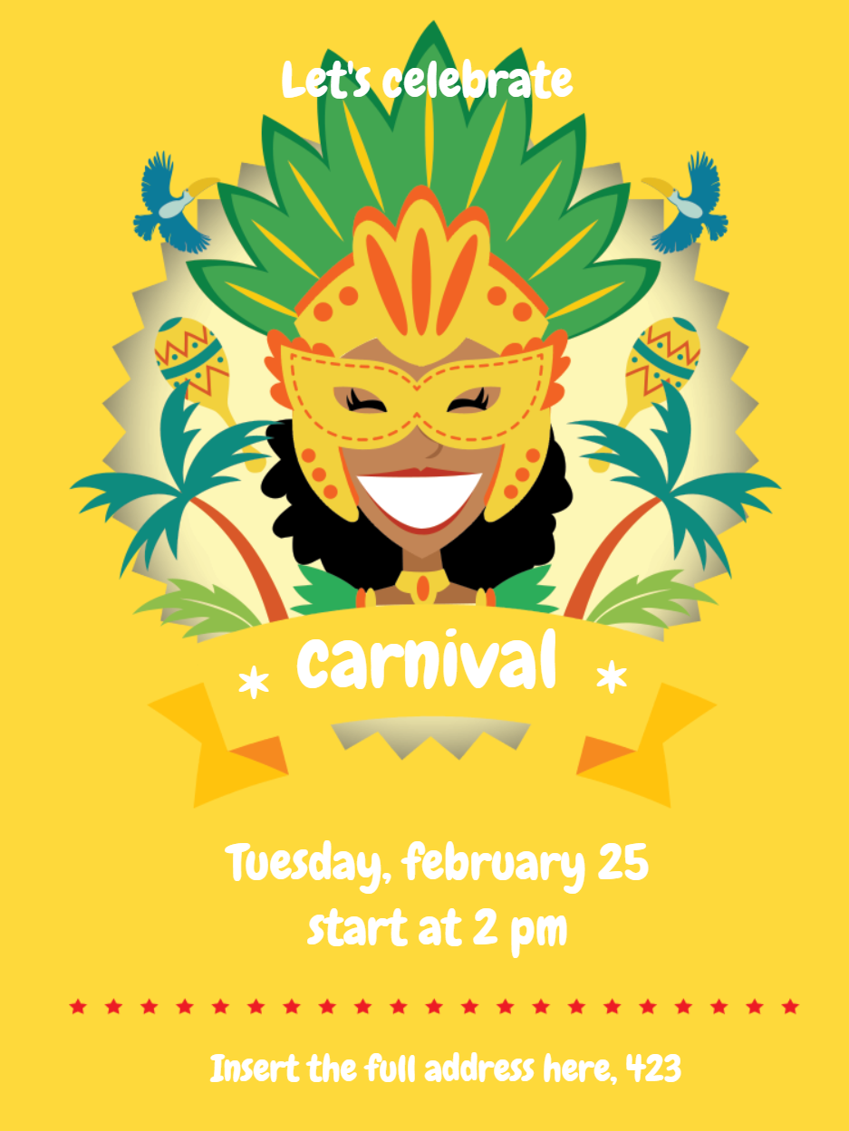 Colorful Carnival Party Invitation with Mask to Edit Online Colorful Carnival Party Invitation with Mask to Edit Online