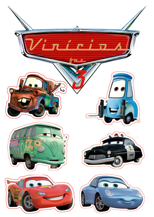 Topo de Bolo Carros com Personagens para Editar e Imprimir Topo de Bolo Carros com Personagens para Editar e Imprimir