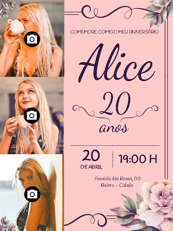 Convite de Aniversário Feminino com Foto para Editar Online Convite de Aniversário Feminino com Foto para Editar Online
