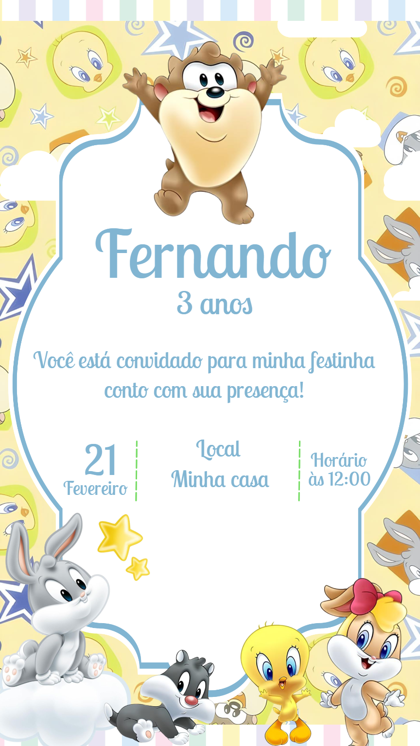 Convite Aniversário Baby Looney Tunes para Editar Online Convite Aniversário Baby Looney Tunes para Editar Online