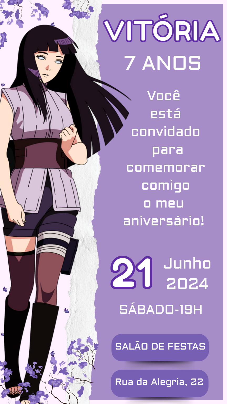 Convite de Aniversário Hinata Naruto para Editar Online Convite de Aniversário Hinata Naruto para Editar Online