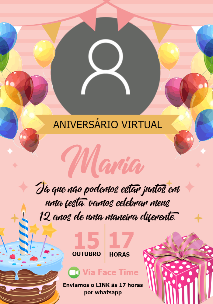 Convite de Aniversário Virtual com Foto e Balões para Editar Convite de Aniversário Virtual com Foto e Balões para Editar