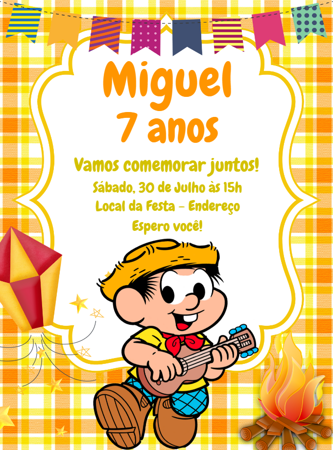 Convite Aniversário Festa Junina Chico Bento para Editar Convite Aniversário Festa Junina Chico Bento para Editar