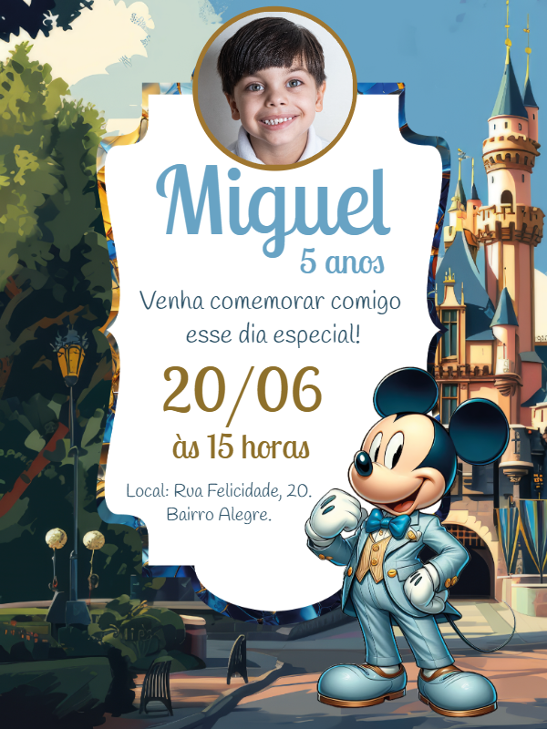 Convite Aniversário Mickey Realeza com Foto para Editar Convite Aniversário Mickey Realeza com Foto para Editar