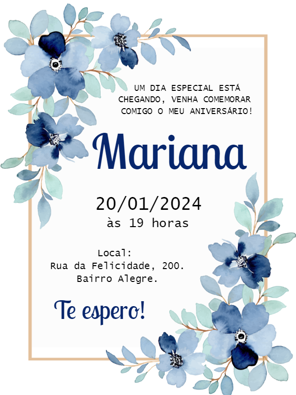 Convite de Aniversário Floral Azul para Editar Online Convite de Aniversário Floral Azul para Editar Online