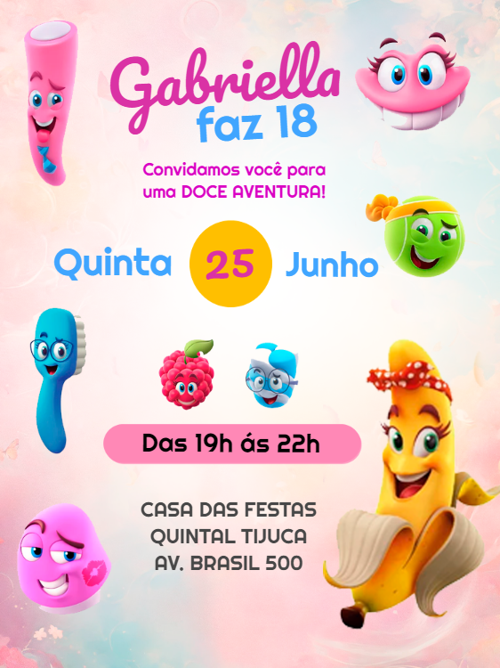 Convite de Aniversário Fini com Doces Divertidos para Editar Convite de Aniversário Fini com Doces Divertidos para Editar