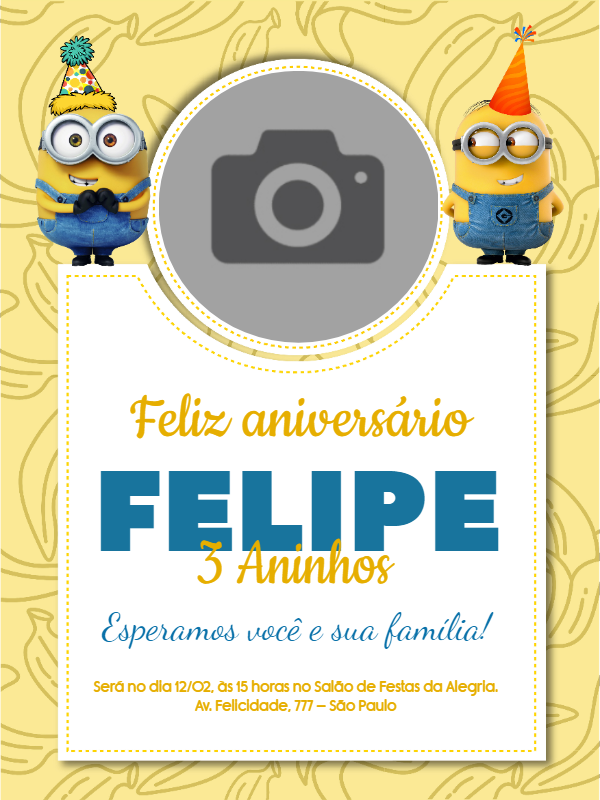 Convite de Aniversário Minions com Foto para Editar Online Convite de Aniversário Minions com Foto para Editar Online