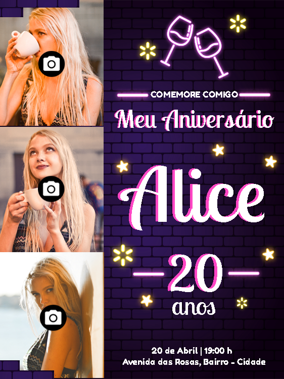 Convite de Aniversário Neon com Foto para Editar Online Convite de Aniversário Neon com Foto para Editar Online
