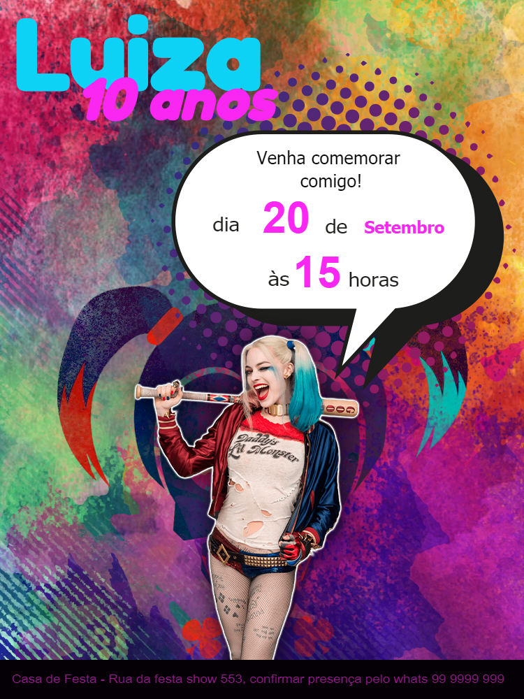 Convite de Aniversário Arlequina para Editar e Imprimir Convite de Aniversário Arlequina para Editar e Imprimir