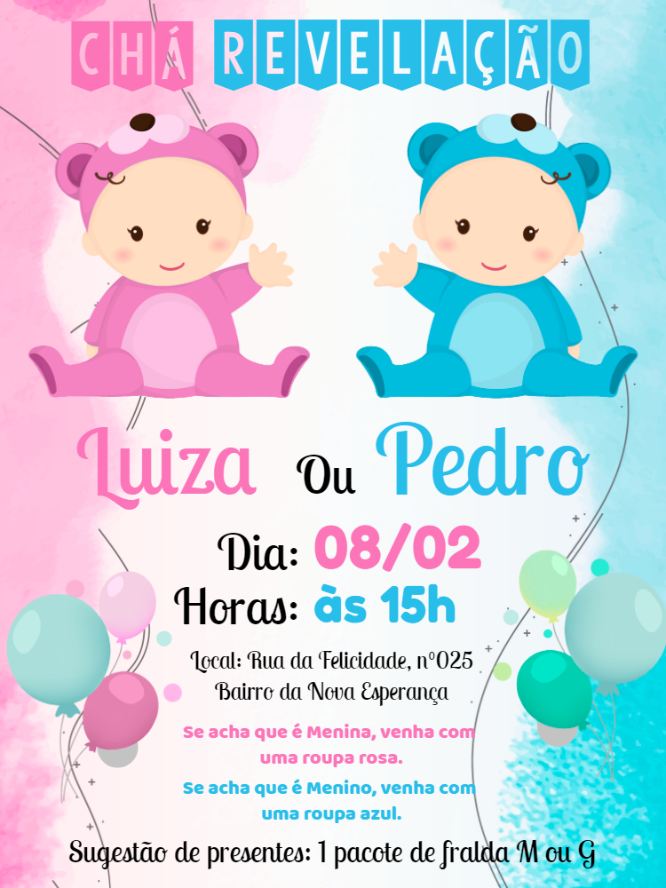 Convite Chá Revelação Ursinhos Fofos para Editar Online Convite Chá Revelação Ursinhos Fofos para Editar Online