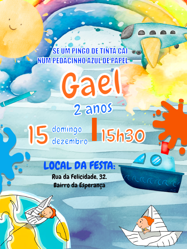 Convite Aniversário Aquarela Toquinho para Editar Online Convite Aniversário Aquarela Toquinho para Editar Online