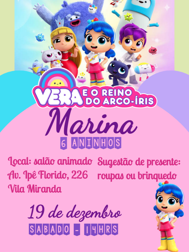 Convite Aniversário Vera e o Reino do Arco-Íris para Editar Convite Aniversário Vera e o Reino do Arco-Íris para Editar