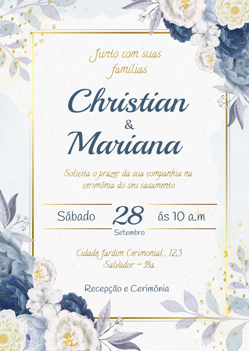 Convite de Casamento Floral Azul e Dourado para Editar Online Convite de Casamento Floral Azul e Dourado para Editar Online