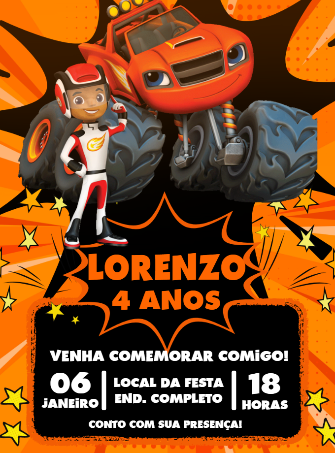 Convite Aniversário Blaze e os Monster Machine para Editar Online Convite Aniversário Blaze e os Monster Machine para Editar Online