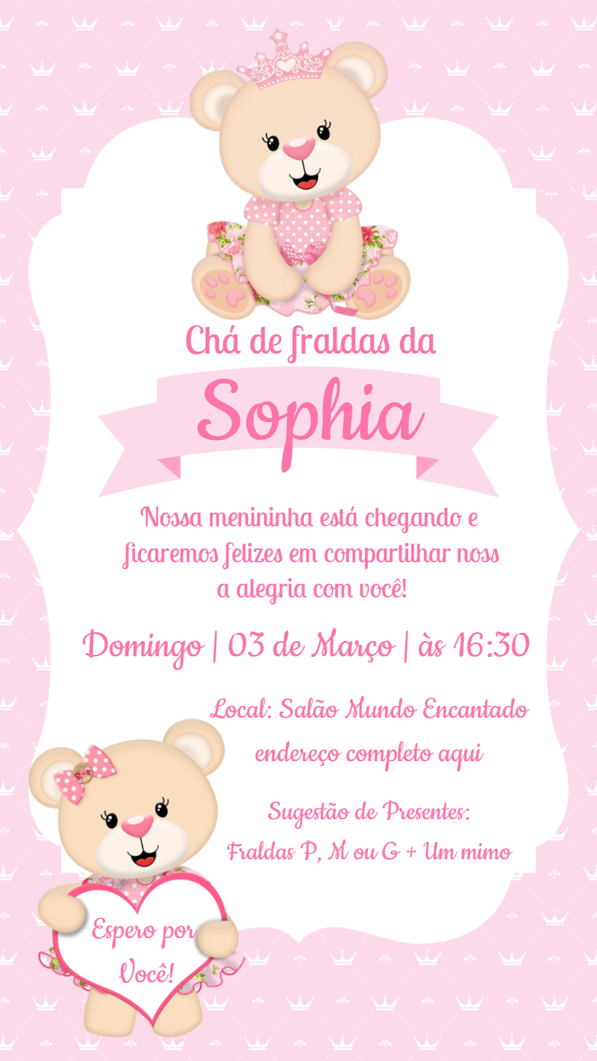 Convite Chá de Fraldas Ursinha Princesa para Editar Online Convite Chá de Fraldas Ursinha Princesa para Editar Online