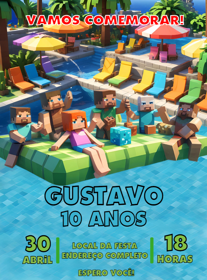 Convite Aniversário Minecraft Pool Party para Editar Online Convite Aniversário Minecraft Pool Party para Editar Online