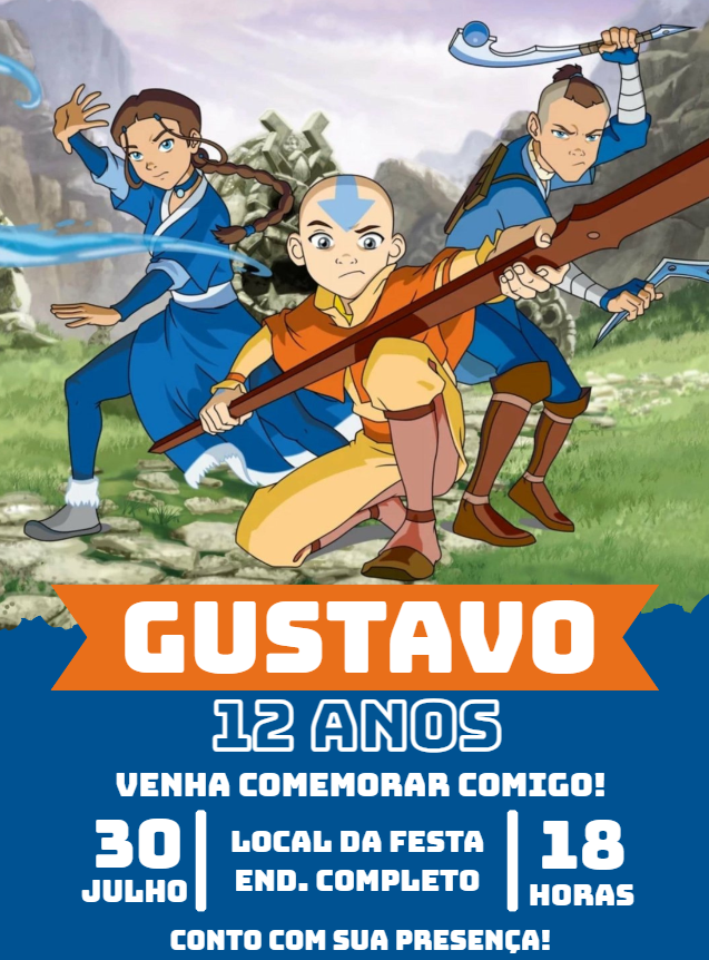 Convite de Aniversário Avatar O Último Mestre do Ar para Editar Convite de Aniversário Avatar O Último Mestre do Ar para Editar