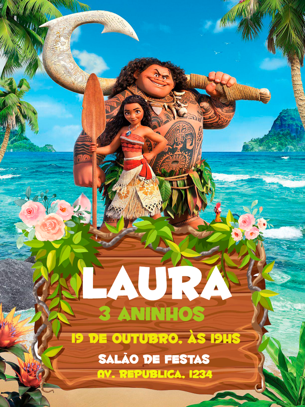 Convite de Aniversário Moana com Maui para Editar Online