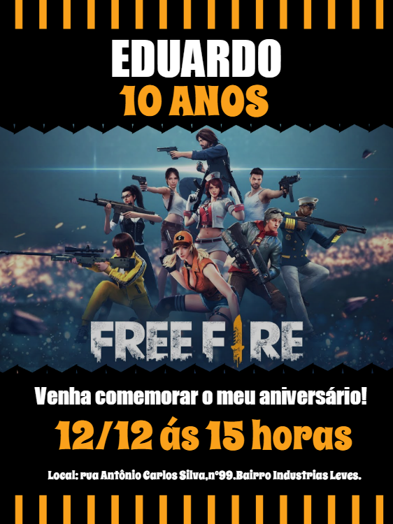 Convite de Aniversário Free Fire com Personagens para Editar