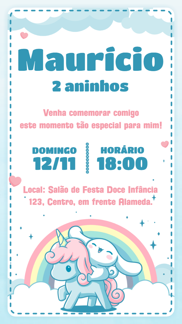 Convite de Aniversário Cinnamoroll e Unicórnio para Editar Convite de Aniversário Cinnamoroll e Unicórnio para Editar