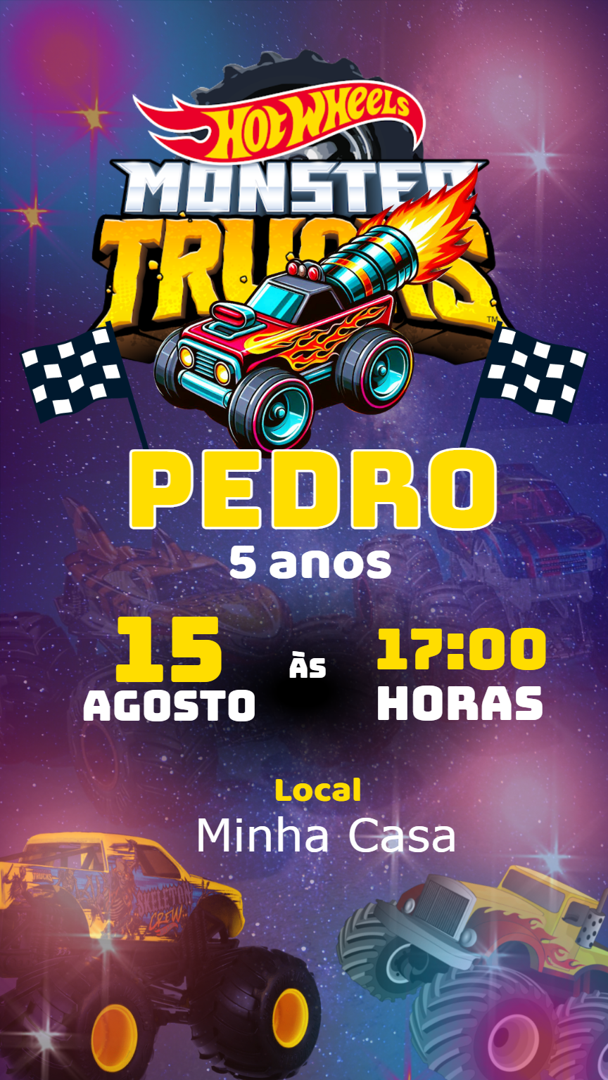 Convite Aniversário Hot Wheels Monster Trucks para Editar Convite Aniversário Hot Wheels Monster Trucks para Editar