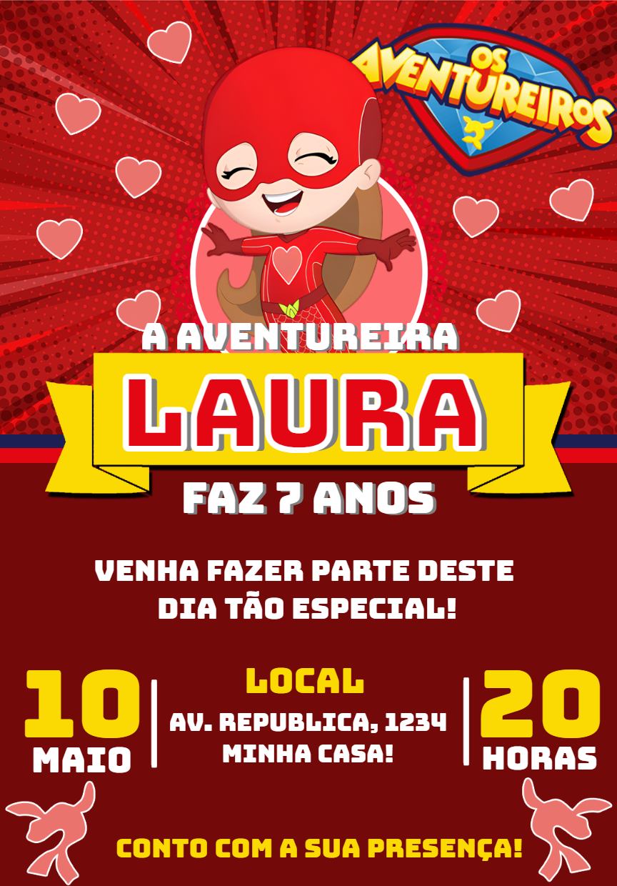 Convite de Aniversário Aventureira Vermelha para Editar Online Convite de Aniversário Aventureira Vermelha para Editar Online