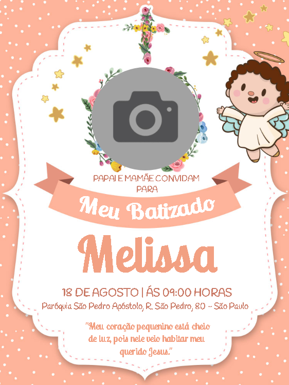 Convite de Batizado com Foto Anjinha para Editar Online Convite de Batizado com Foto Anjinha para Editar Online