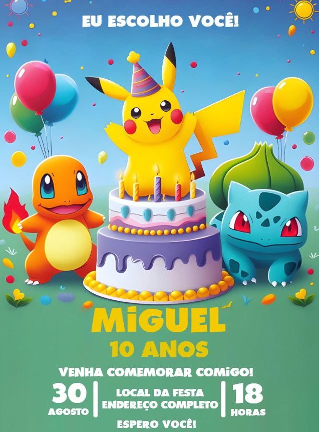 Convite de Aniversário Pokémon com Personagens para Editar Online Convite de Aniversário Pokémon com Personagens para Editar Online