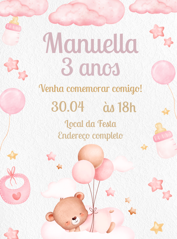 Convite Aniversário Ursinho Rosa Aquarela para Editar Online Convite Aniversário Ursinho Rosa Aquarela para Editar Online