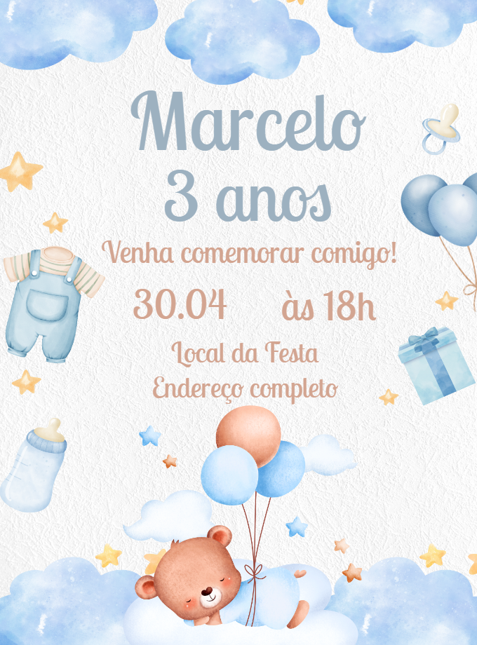 Convite Aniversário Ursinho Azul Aquarela para Editar Online Convite Aniversário Ursinho Azul Aquarela para Editar Online