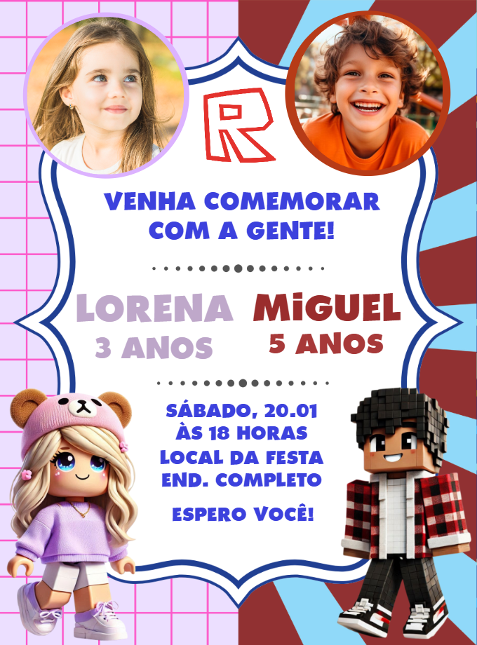 Convite Aniversário Duplo Roblox com Foto para Editar Online Convite Aniversário Duplo Roblox com Foto para Editar Online