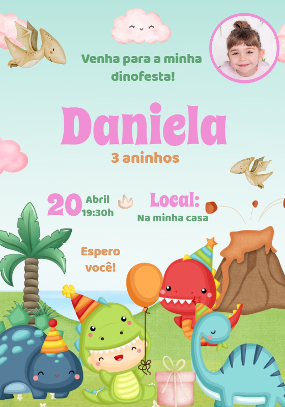 Convite Aniversário Dino Baby Menina com Foto para Editar Convite Aniversário Dino Baby Menina com Foto para Editar