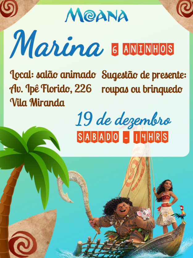 Convite de Aniversário Moana com Personagens para Editar Online