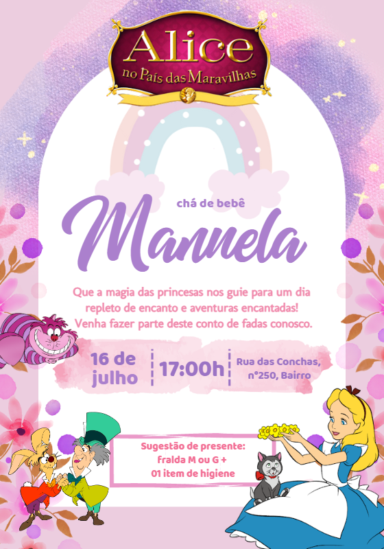 Convite Chá de Bebê Alice no País das Maravilhas para Editar Convite Chá de Bebê Alice no País das Maravilhas para Editar