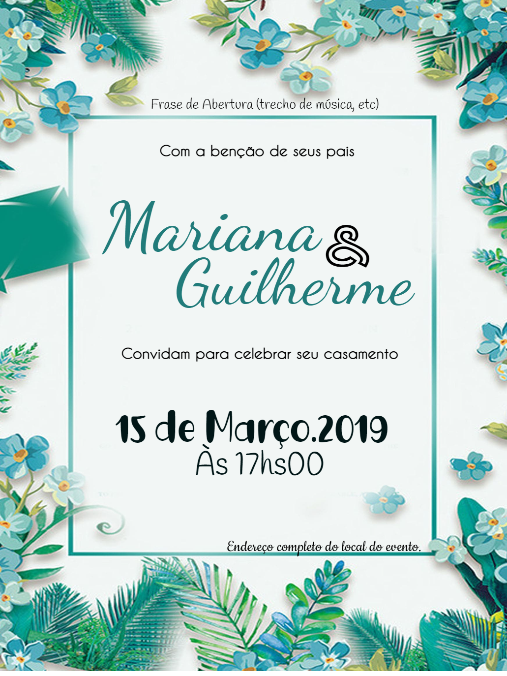 Convite de Casamento Floral Verde Água para Editar Online Convite de Casamento Floral Verde Água para Editar Online