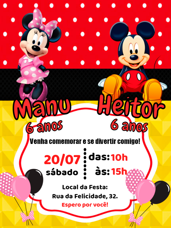 Convite Aniversário Duplo Minnie e Mickey para Editar Online