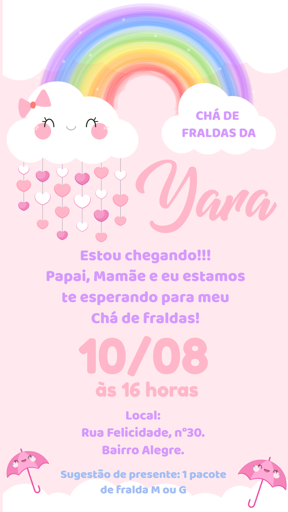 Convite Chá de Fraldas Chuva de Amor Menina para Editar