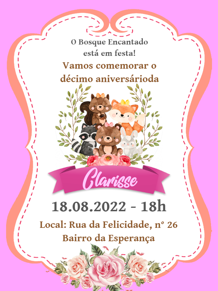 Convite Aniversário Bosque Encantado com Animais para Editar Convite Aniversário Bosque Encantado com Animais para Editar