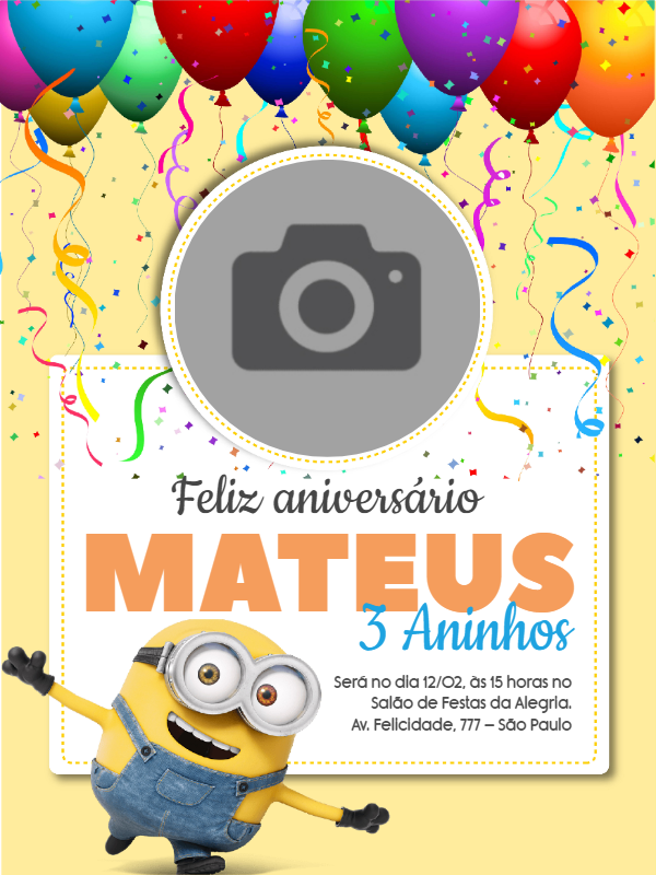 Convite de Aniversário Minions com Foto para Editar Online Convite de Aniversário Minions com Foto para Editar Online