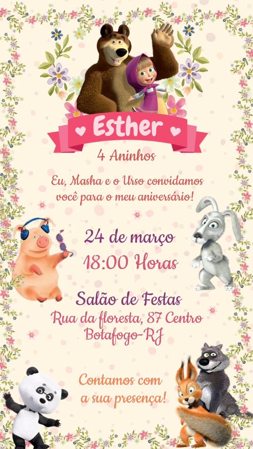 Convite de Aniversário Marsha e o Urso para Editar Online Convite de Aniversário Marsha e o Urso para Editar Online