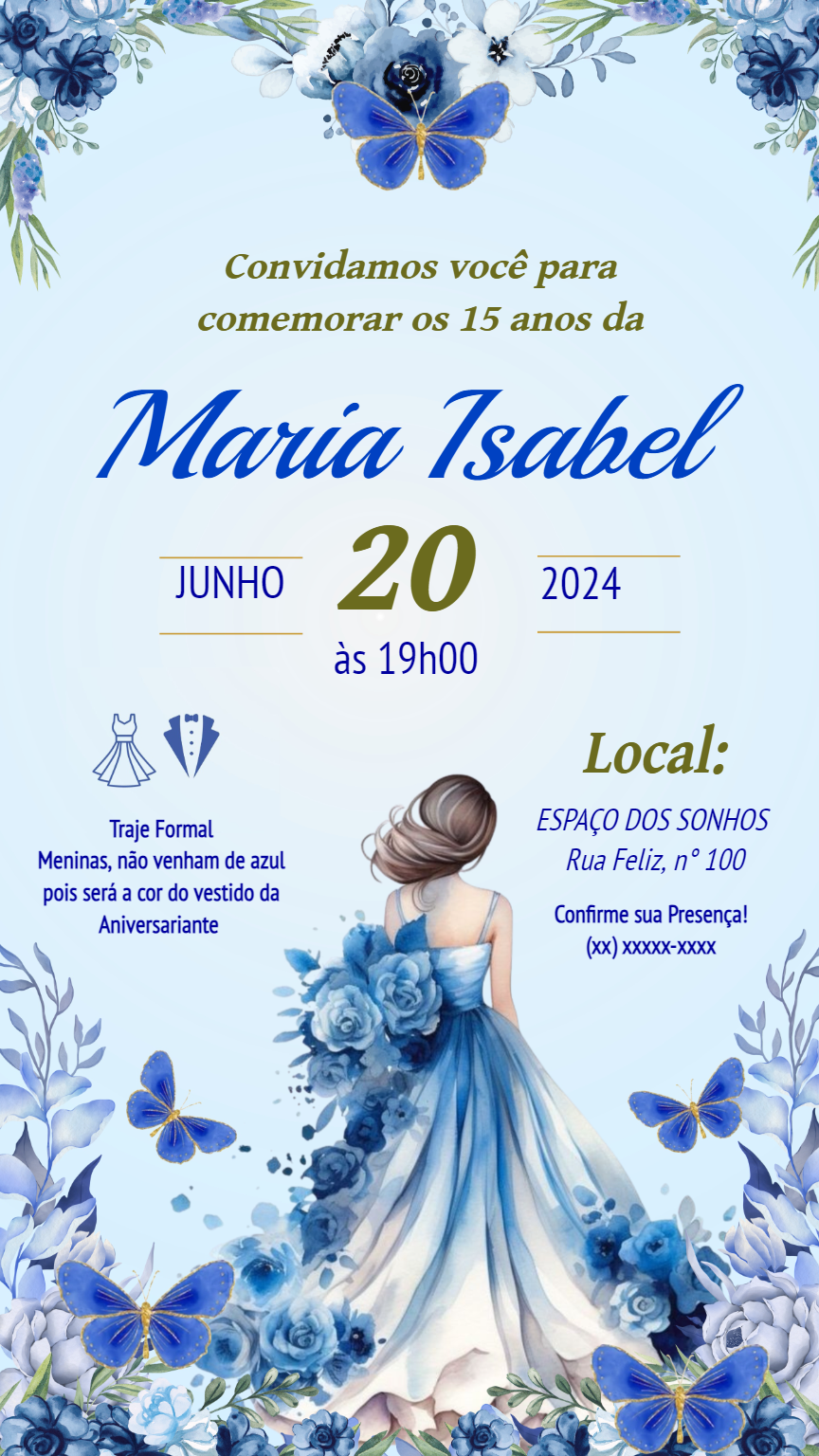 Convite 15 Anos Princesa Borboletas Azuis para Editar Convite 15 Anos Princesa Borboletas Azuis para Editar