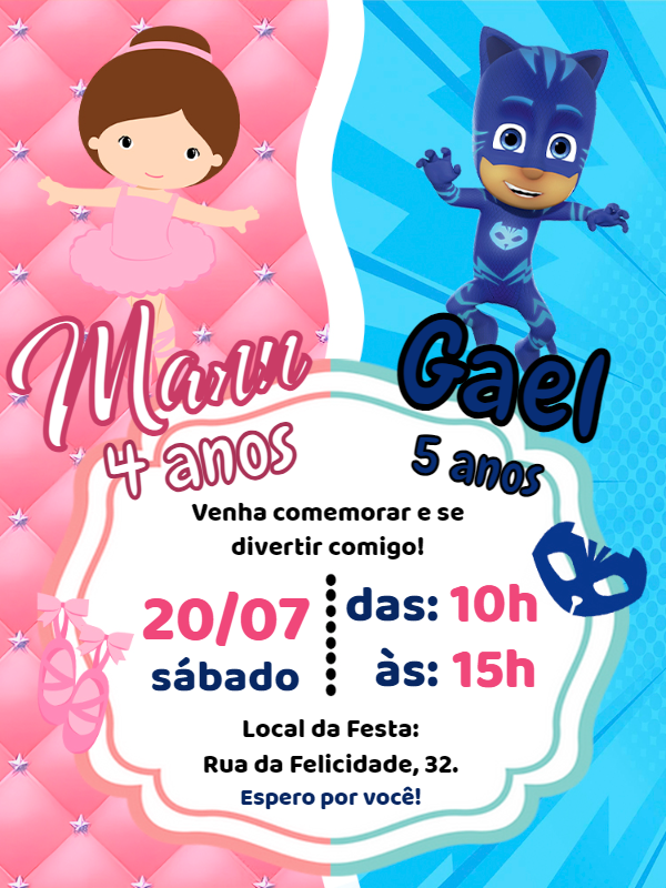 Convite Aniversário Duplo Bailarina e PJ Masks para Editar Convite Aniversário Duplo Bailarina e PJ Masks para Editar