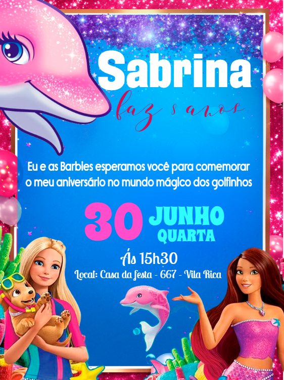 Convite de Aniversário Barbie e os Golfinhos para Editar Online Convite de Aniversário Barbie e os Golfinhos para Editar Online