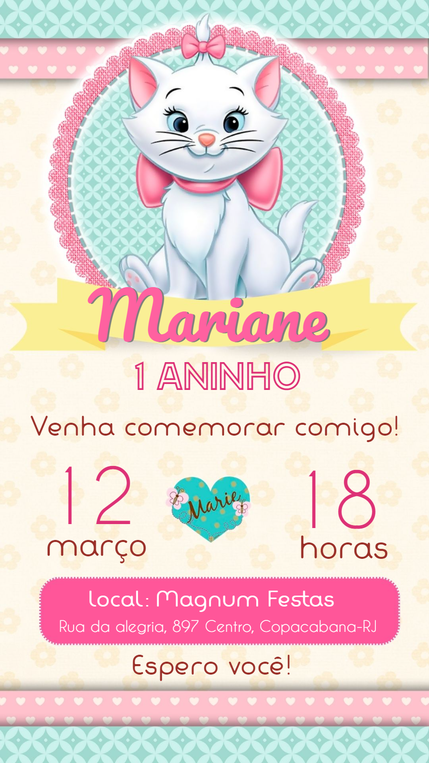 Convite Aniversário Gatinha Marie para Editar Online Convite Aniversário Gatinha Marie para Editar Online